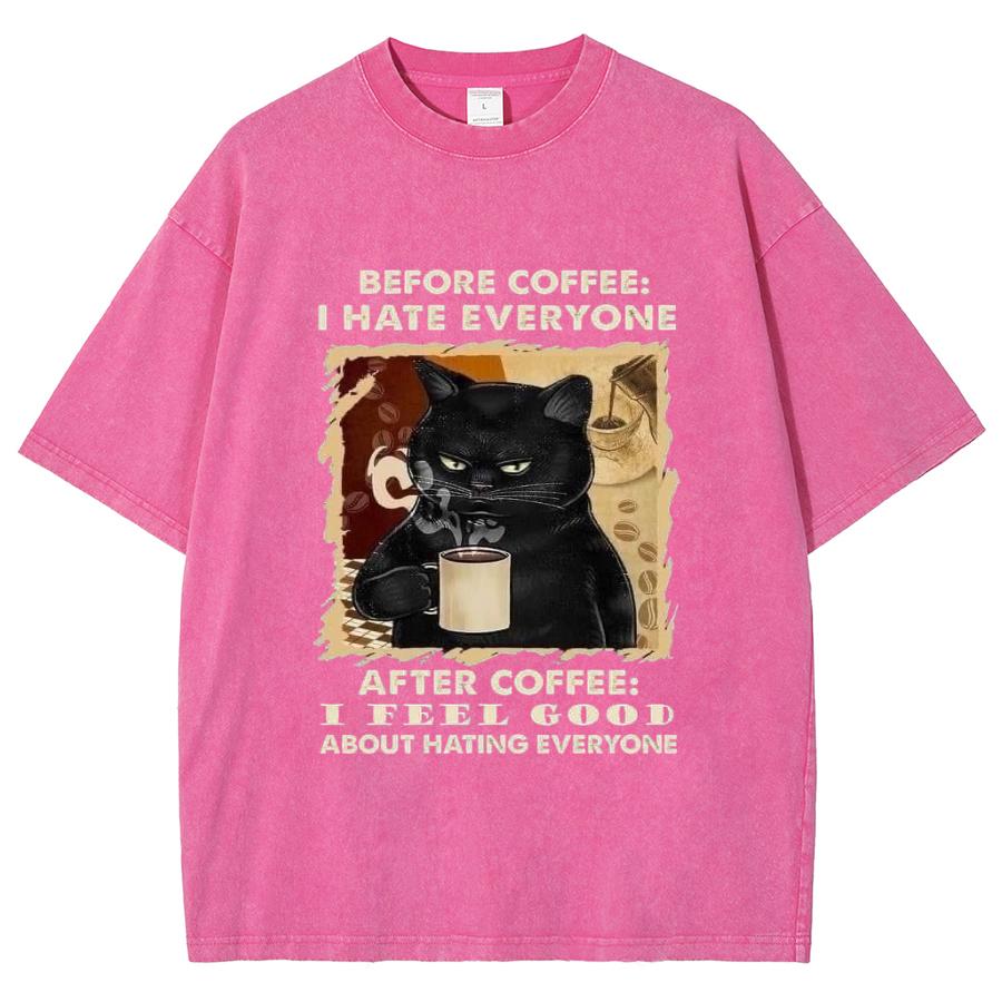 Black Lucky Cat Drinking Coffee Print Unisex T-Shirt Loose Plus Size Oversized Short Sleeve American Vintage Stree