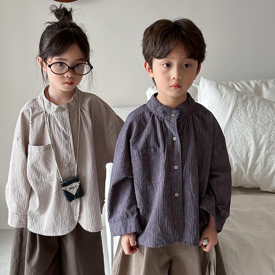 

Jiaye Kids 2025 Весенняя полосатая рубашка с длинными рукавами для мальчиков и девочек Ретро-кардиган 120 cm бежевый