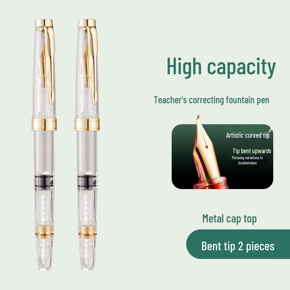 Teacher Correction Fountain Pen with Red Ink - Large Capacity Bent Nib for Grading