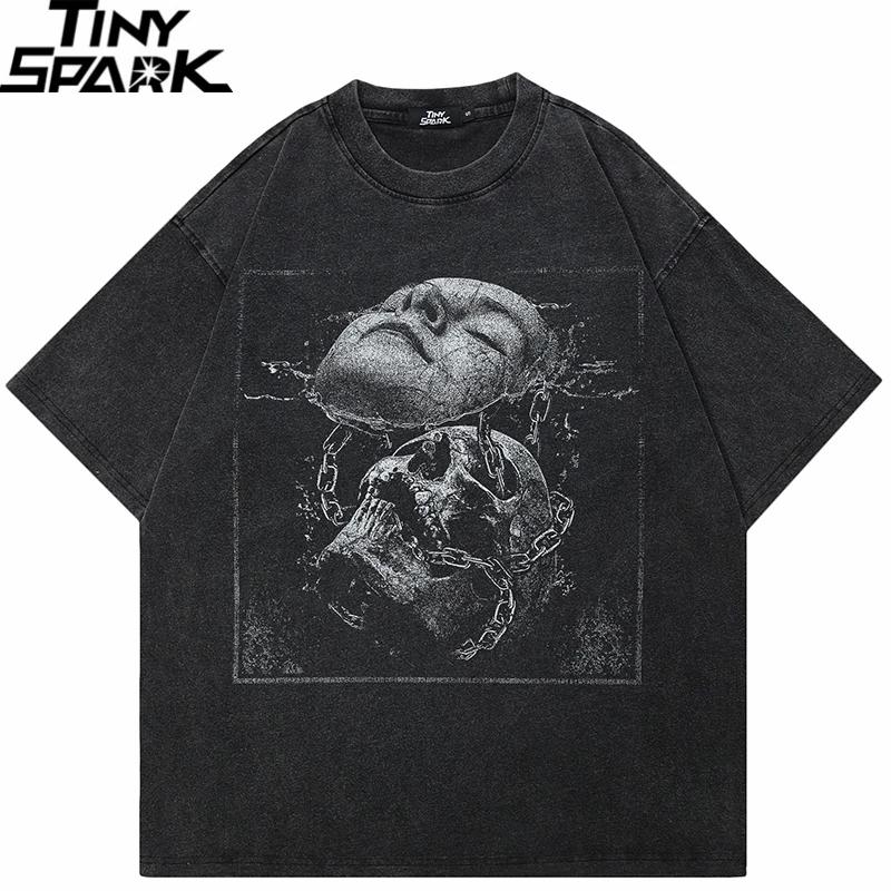 Hip Hop Streetwear Retro Washed Black TShirt Men Cracked Face Skull Graphic T Shirt Cotton Tshirt Harajuku Tops Tee Unisex
