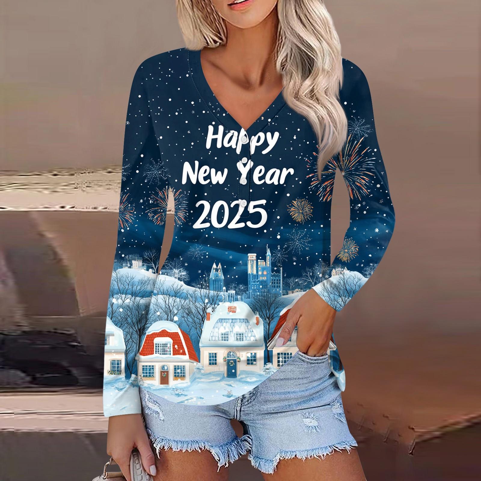 

Женская повседневная мода сексуальный комфорт рождественский принт V-образный вырез пуговицы длинный рукав XL