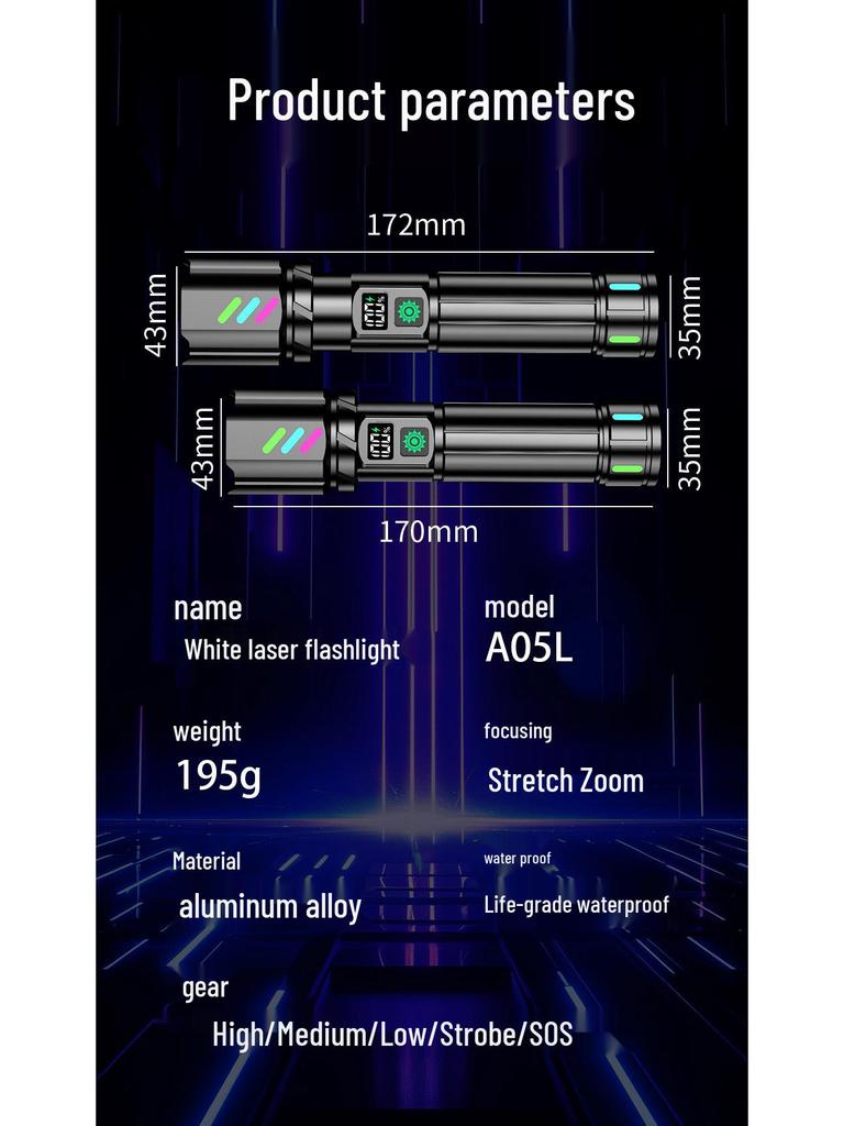 Cross-Border High-Intensity Portable White Laser Flashlight with TYPE-C Charging - Super Bright, Long-Range, Multifunctional Outdoor Handheld Light