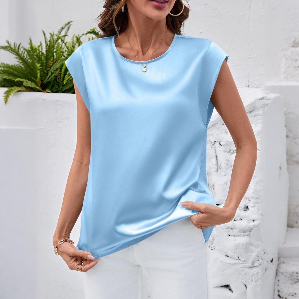 Women's Satin Blouse Summer Shirt Round Neck Tank Top Loose-Fitting Business Casual Top