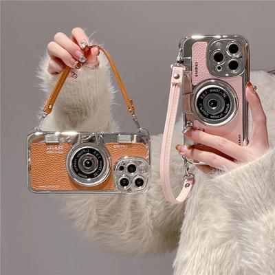 Luxus Retro Stereo Kamera Hand mit Lanyard Handyhülle Für iPhone 16 15 14 Plus 13 12 11 Pro Max Leder Muster Hülle
