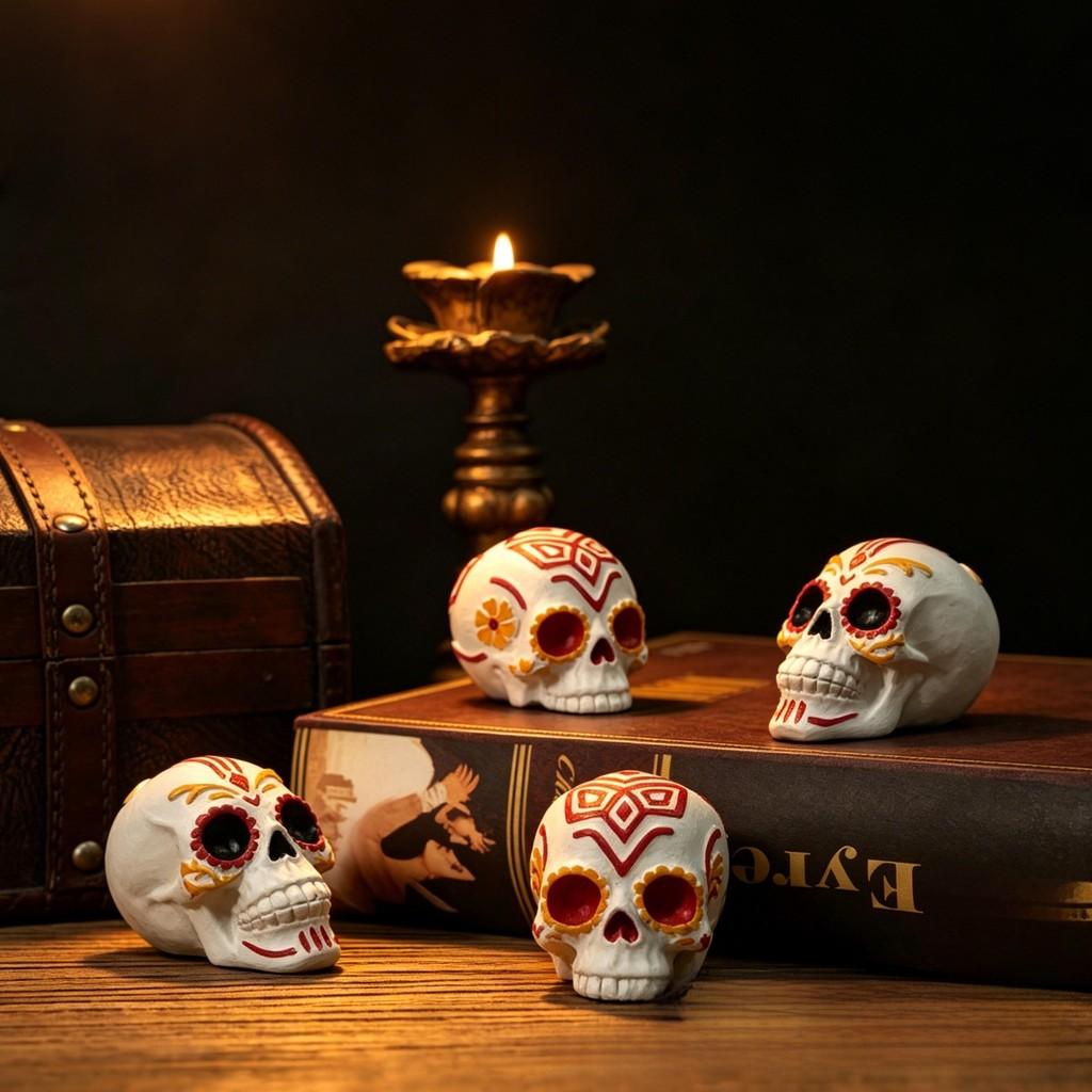 Halloween Schedel Decoratie Beeldje Met Kleurrijke Verf Voor Feestscène Verbetering