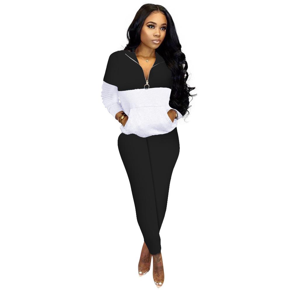 D9811 hot-selling European and American women's clothing, fashionable and casual solid color splicing long-sleeved trousers two-piece set