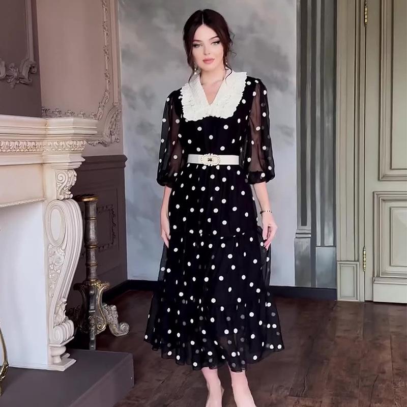 2024 Summer Women's Fashion Chiffon Polka Dot Dress with Color Block and Doll Collar