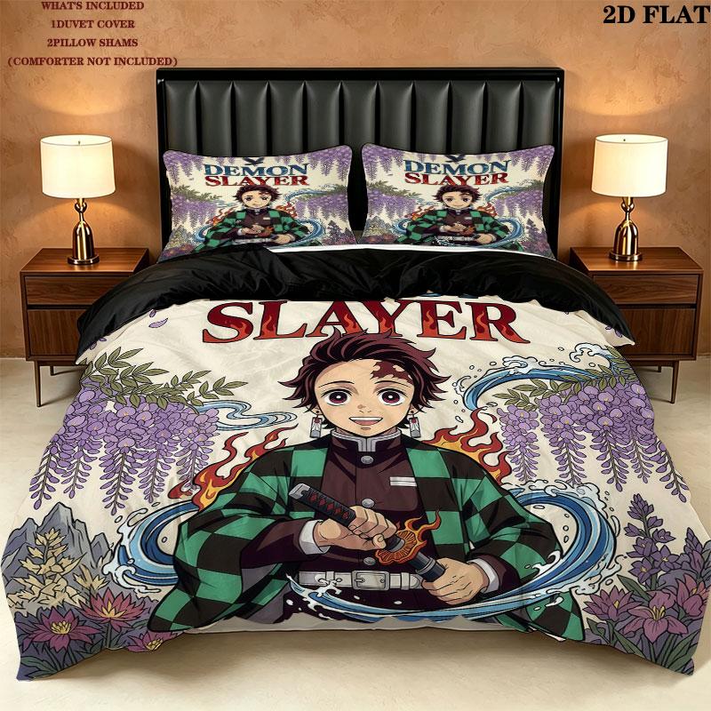 Set Copripiumino Trapuntato con Fantasia Demon Slayer Federa Cuscino Regalo di Compleanno per la Casa(1 * copripiumino + 2 * federa, senza nucleo)