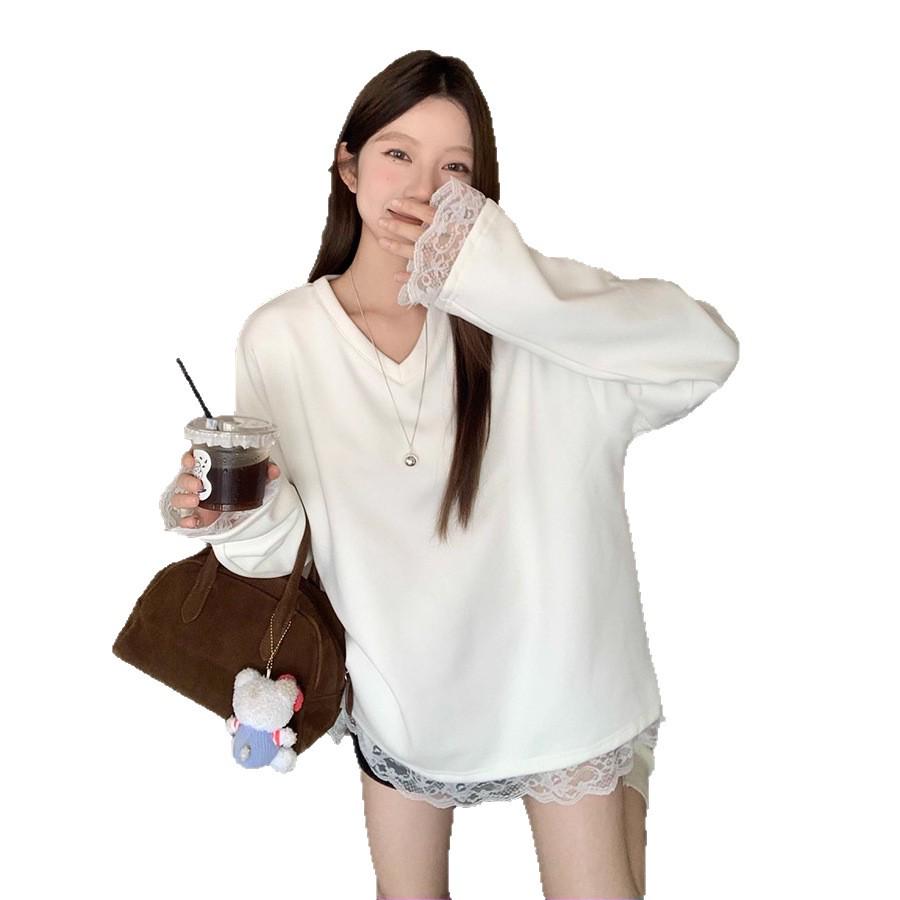 Women's Velvet Lace Long-Sleeve Slimming T-Shirt for Autumn & Winter