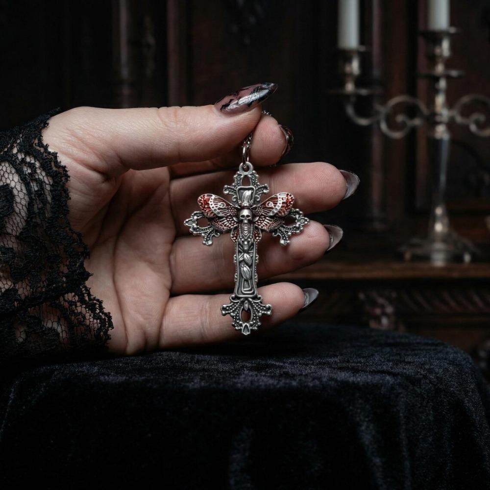 Victoria Gothic Death Skull Head Moth Cross Pendant Necklace for Women Men Halloween Witch Pagan Alternative Aesthetics Jewelry