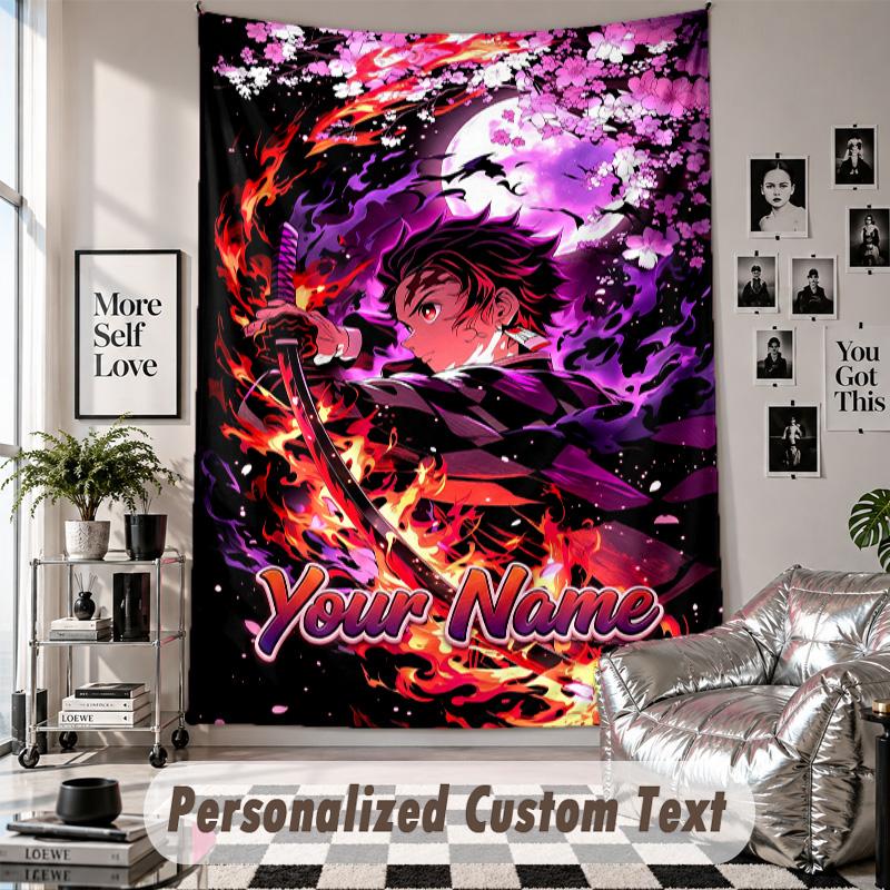 Wall Hanging Tapestry With Custom Name & Text, Demon Slayer Decorative Tapestry For Bedroom