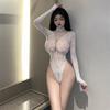 Women Hollowed Fishnet Bodysuit Long Sleeve Mock Neck Open Back Bodysuit Sexy See Through Flower Lace Nightwear Lingerie