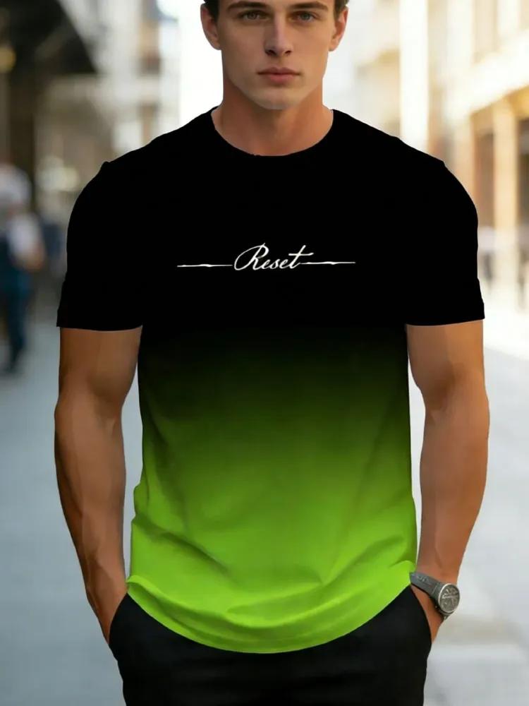 Men's "Reset" Script Print Gradient T-Shirt, Modern Black to Bright Green Color Transition, Casual Crew Neck Tee for Men