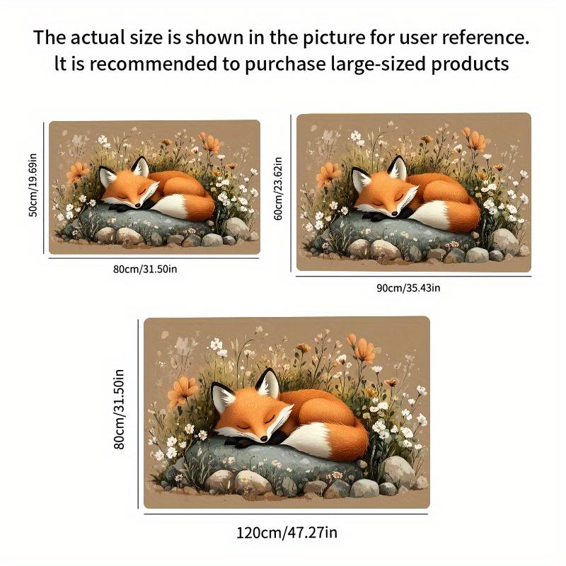 1pc Non-Slip Floor Mat - Cute Fox & Floral Doormat, Machine Washable Soft Polyester Mat for Entryway, Living Room, Bedroom - Rus