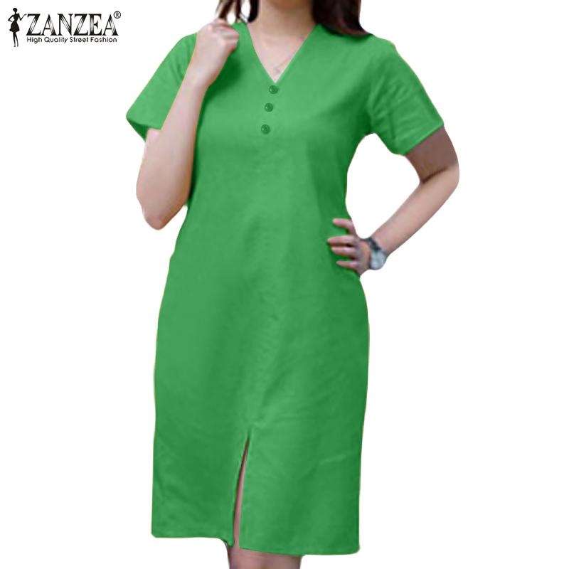 

ZANZEA Женское повседневное однотонное летнее платье с v-образным вырезом и коротким рукавом