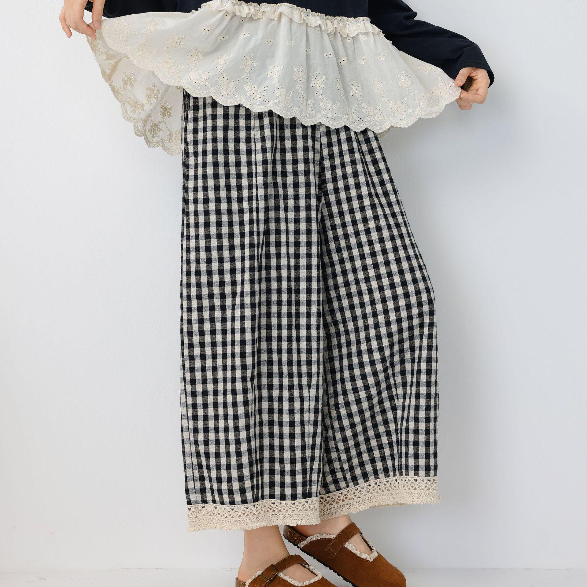 

Retro Korean Plaid Cotton-Linen Wide-Leg Pants - Loose, Slimming, Nine-Point Hem for Spring/Summer One Size