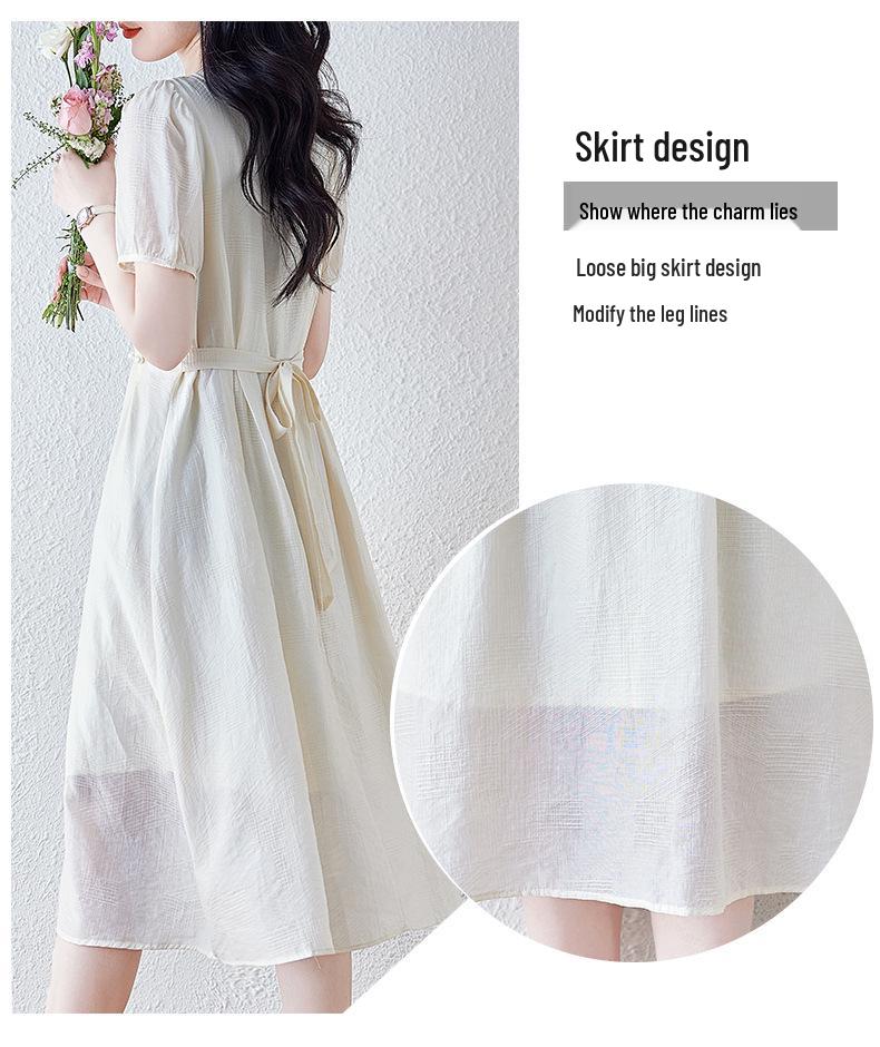 Elegant French-Style Summer Dress: Cinched Waist, Age-Defying Design