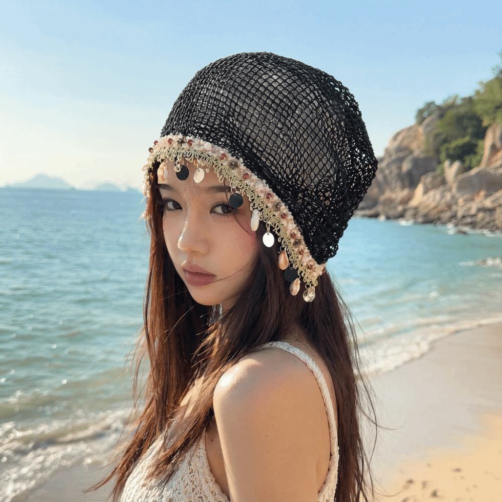 Lightweight Shell Charm Wrap Beanie Large Head Size Breathable Hollow Out Slouchy Hat Thin Pullover Design Fringe Skullcap Beach