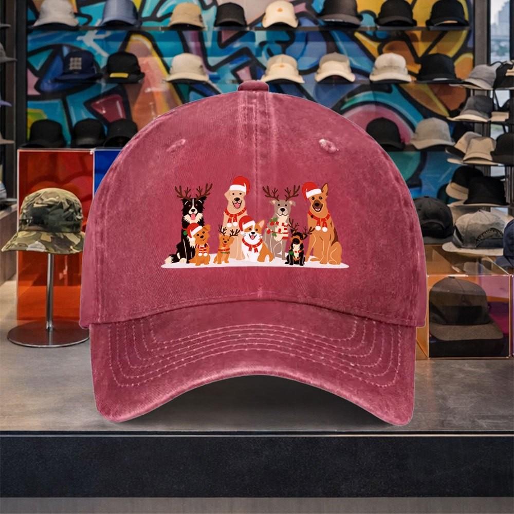 Christmas Dogs Reindeer Print Washed Cotton Baseball Cap Adjustable Outdoor Travel Hat One Size красный