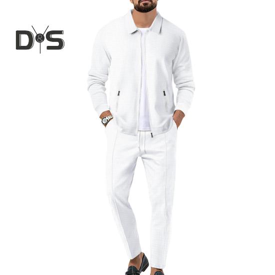 2Pcs/Set Men Autumn Suit Lapel Long Sleeve Zipper Placket Cardigan Elastic Drawstring Waist Long Pants Set Waffle Texture Casual Outfit
