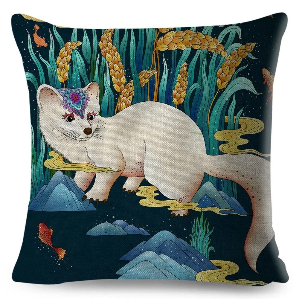 Cartoon Animal Pillowcase Dragon Fox Firebird Printed Linen Cushion Cover Living Room Sofa Car Decorative Pillowcase 45*45Cm
