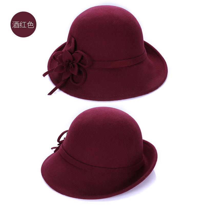 Autumn and winter upturned flower woolen hat lady elegant retro British style shopping hat wide-brimmed hat