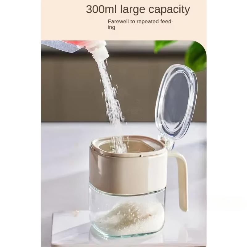 Simple Light Luxury Seasoning Box with Spoon,Food Grade Thickened Lead-free Glass,Transparent Flip Design, Comfortable Handle