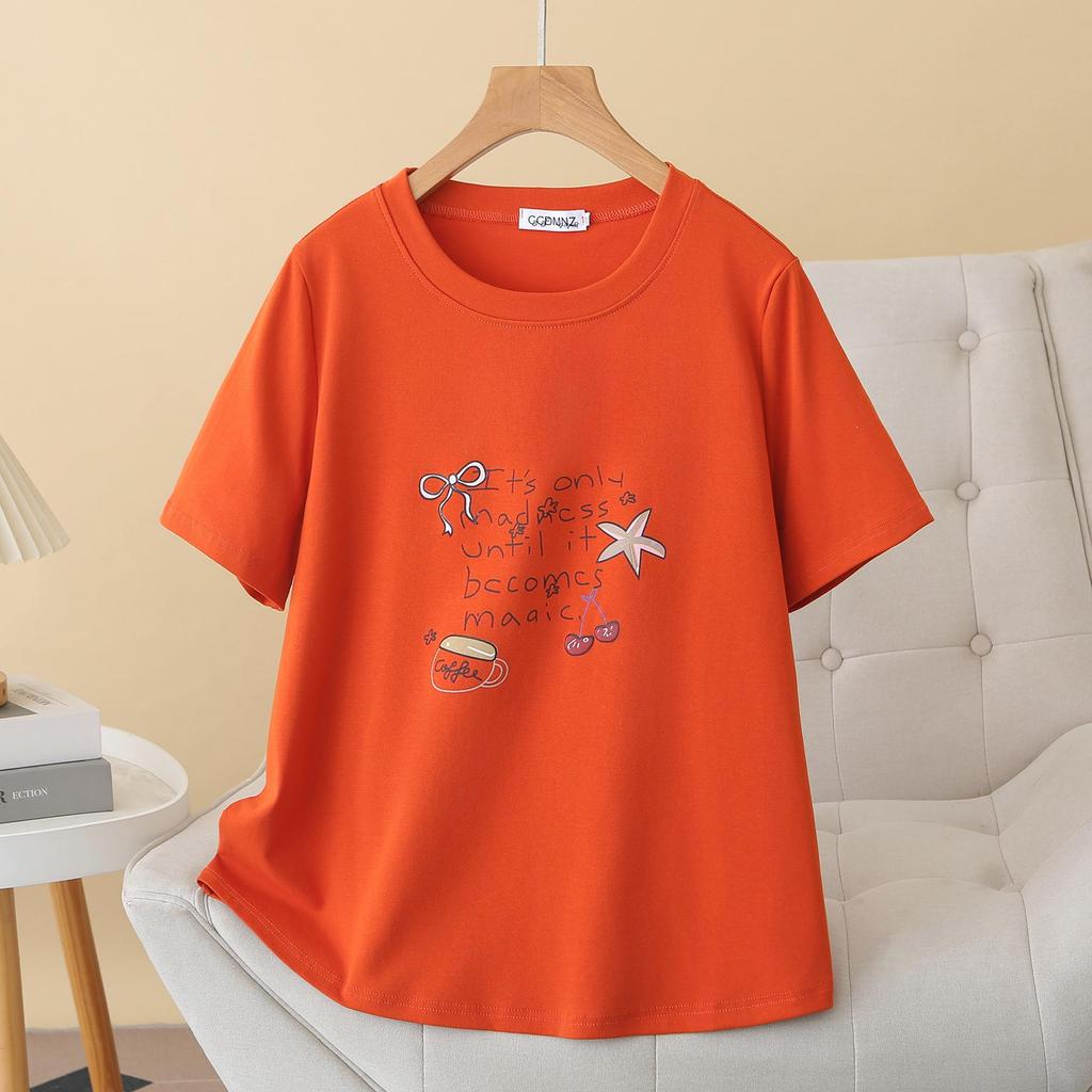2026 Summer Plus Size Slimming Cotton Printed T-Shirt - Short Sleeve Round Neck Casual Top for Women