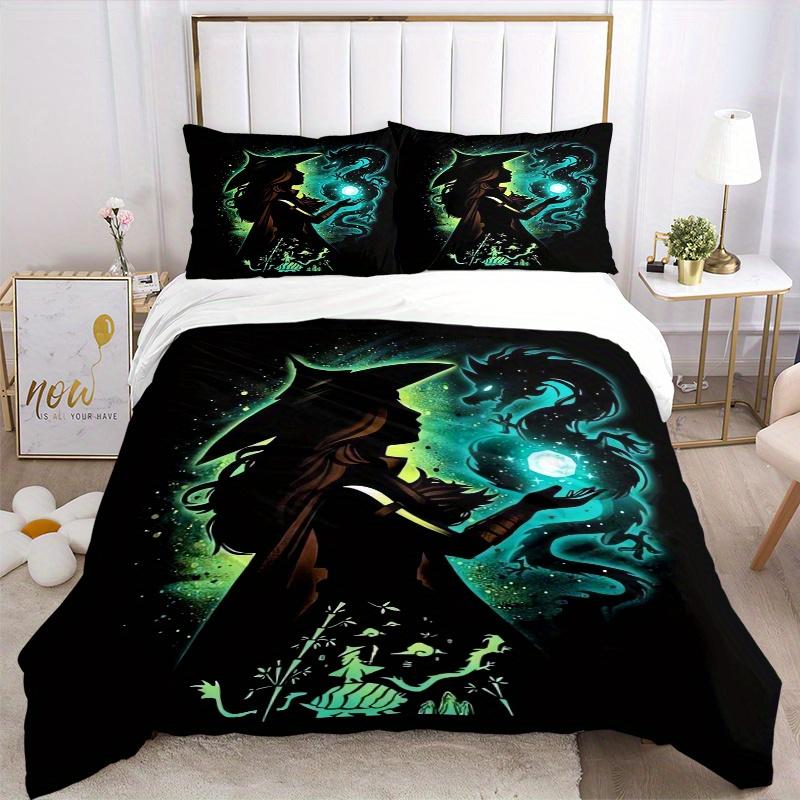 3pcs Witch & Dragon Fantasy Art Printed Quilt Set - Includes 1 Quilt Cover and 2 Pillowcases, Machine Washable - Suitable for All Seasons.S101