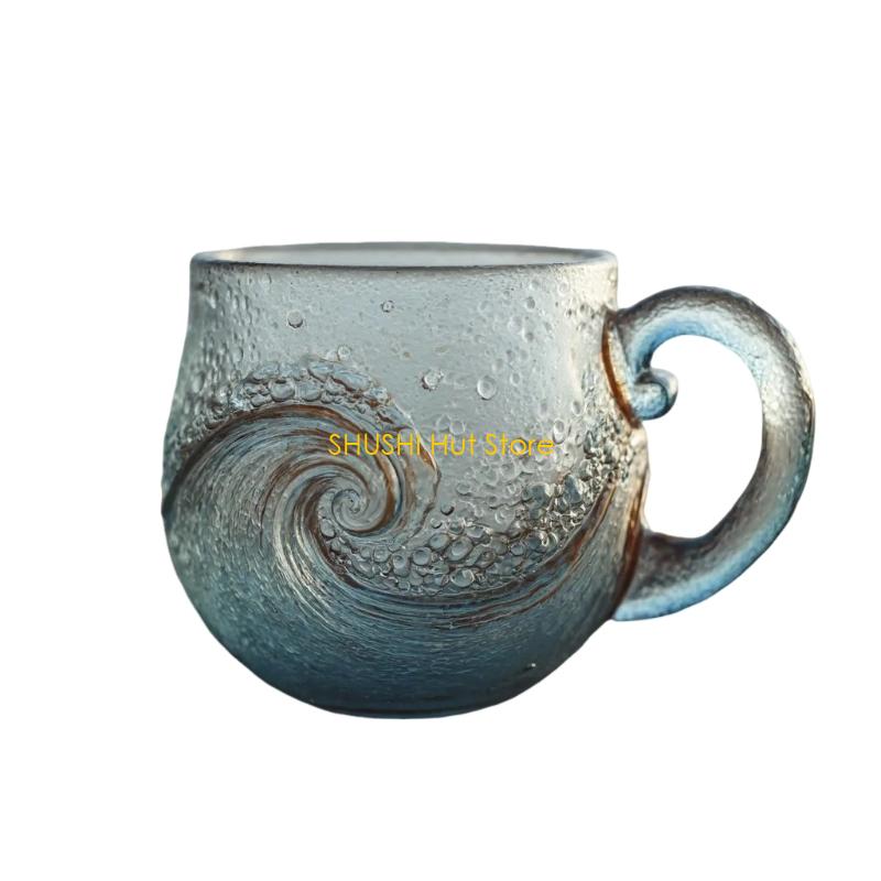Sea Mug, Handblown Glass Mug Cup, Unique Textured Beach Theme Mug for Tea, Wine, Handcrafted Sea Inspired Drinkware Gift D57B