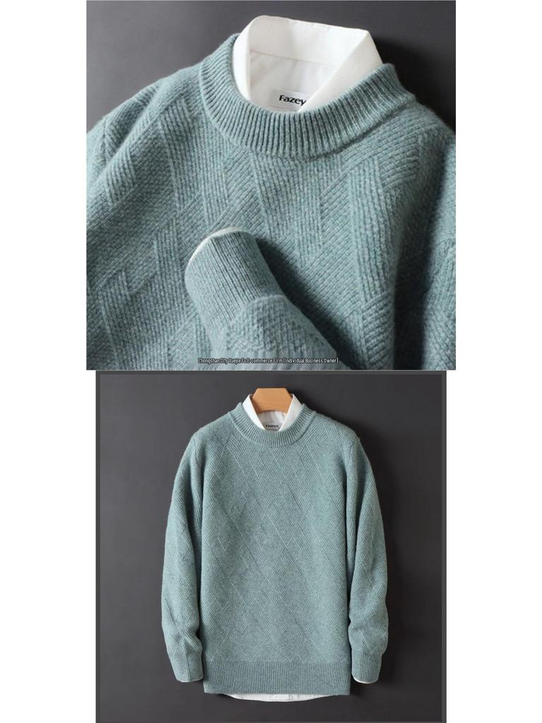 Pánský volný silný žakárový vlněný svetr s kulatým výstřihem - Podzimní/Zimní kolekce