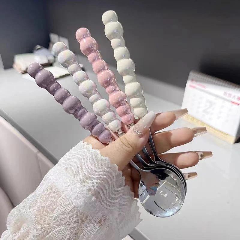 1PCS Pearl Handle Spoon Stainless Steel Stirring Spoons Party Cutlery Gadgets Ice Cream Cake Dessert Spoon Bar Kitchen Access