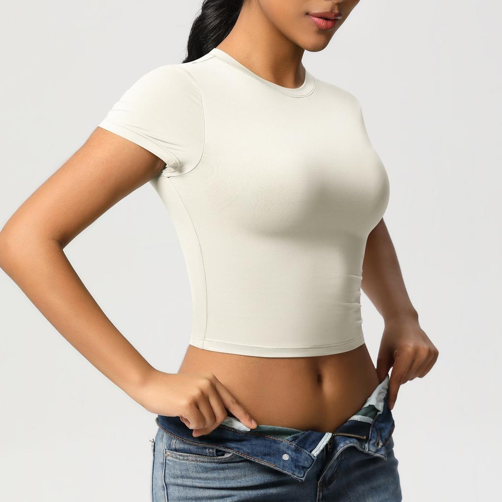 Double Sided Nylon Casual Tight Quick Drying Pilates Top Yoga Suit Short Sleeved Running Fitness T-shirt