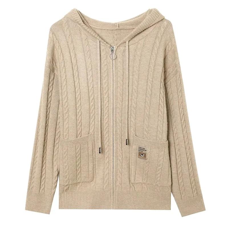Podzimní kardiganový svetr bunda dámská s kapucí volný na zip svetr dámský elegantní pletené svrchní oblečení topy
