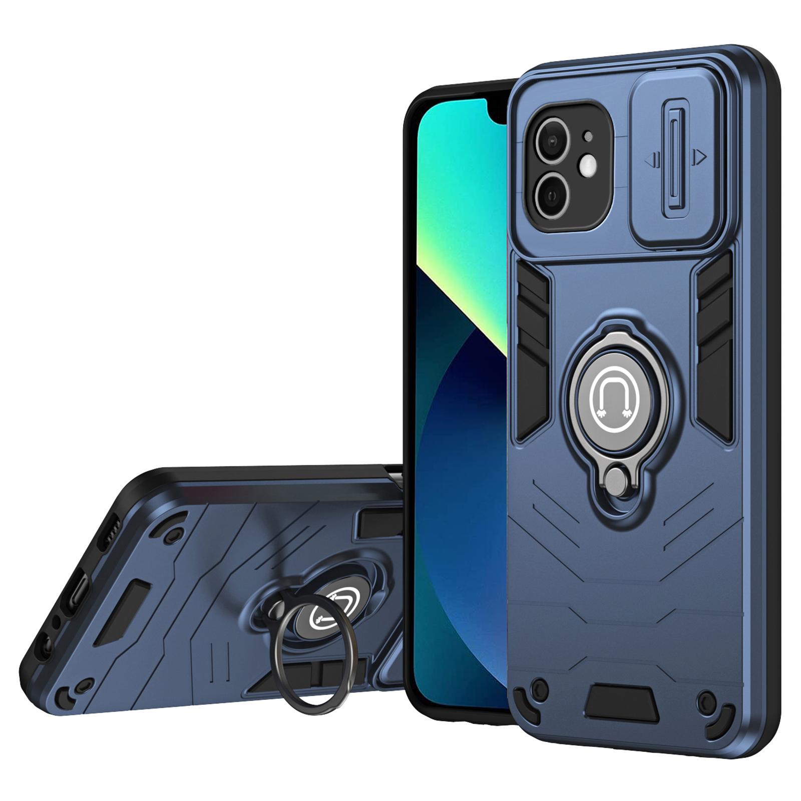 

For iPhone 12 Case PC+TPU Phone Protector with Kickstand and Slide Lens Cover Blue