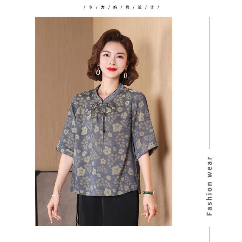 Chinese Summer Chiffon Shirt Mid-sleeve Stand Collar Middle-aged and Elderly Women's New Summer Small Shirt Loose Top