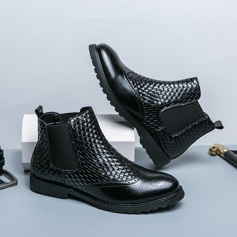 New Fashion Weave Pattern Mid-Calf Ankle Boots Fashion Business Dress Leather Boots Men's Short Boots Male Boots Elegant Brogue