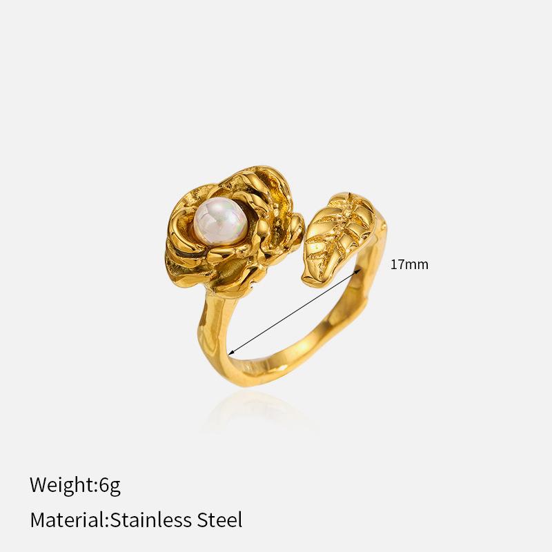 European and American ins style camellia pearl opening ring women's versatile 18K gold ring elegant temperament does not fade jewelry