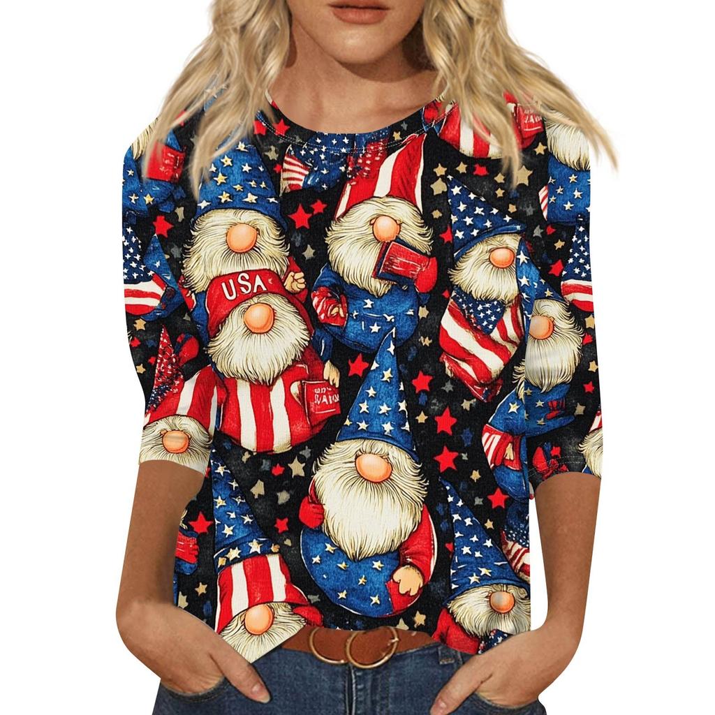 Women's Fashion Casual Round Neck 3/4 Sleeve Loose Printed T-Shirt Ladies Top