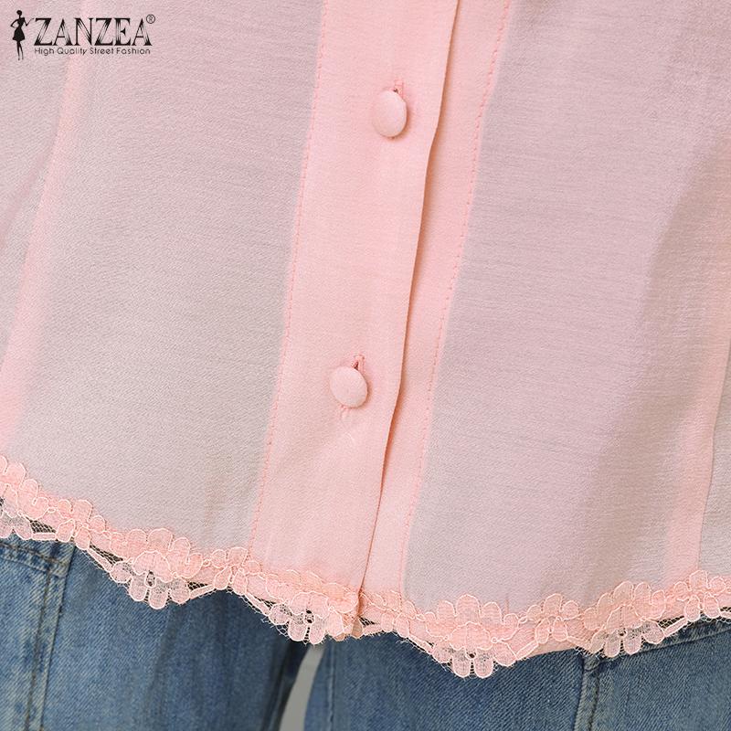 ZANZEA Women Lace Splice Square Neck Short Sleeve Casual Translucent Blouse