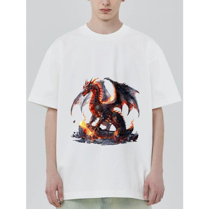 Black T Shirt with Fire Dragon Print for Casual Wear