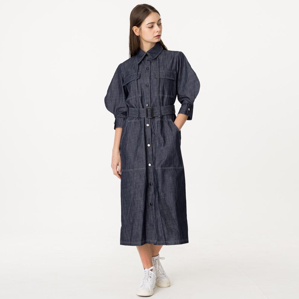 Bunderghost Bishop Sleeve 3/4 Sleeve String Denim Long Dress Indigo Denim