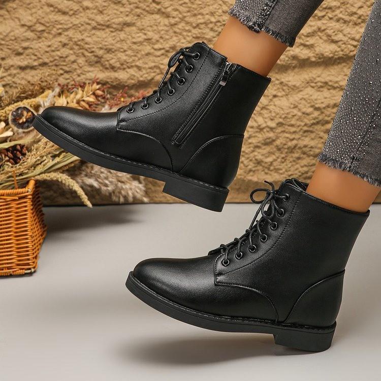 Foreign trade solid color side zipper flat-bottomed leather boots Amazon new British style lace-up short Martin boots women's winter