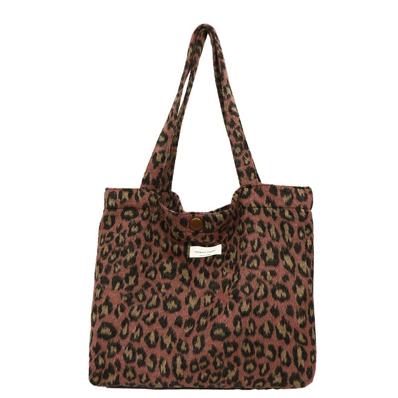 Autumn Casual Fashion Woolen Plaid Shoulder Bag Retro Leopard Print Portable Commuter Canvas Bag Women's Casual Shoulder Bag