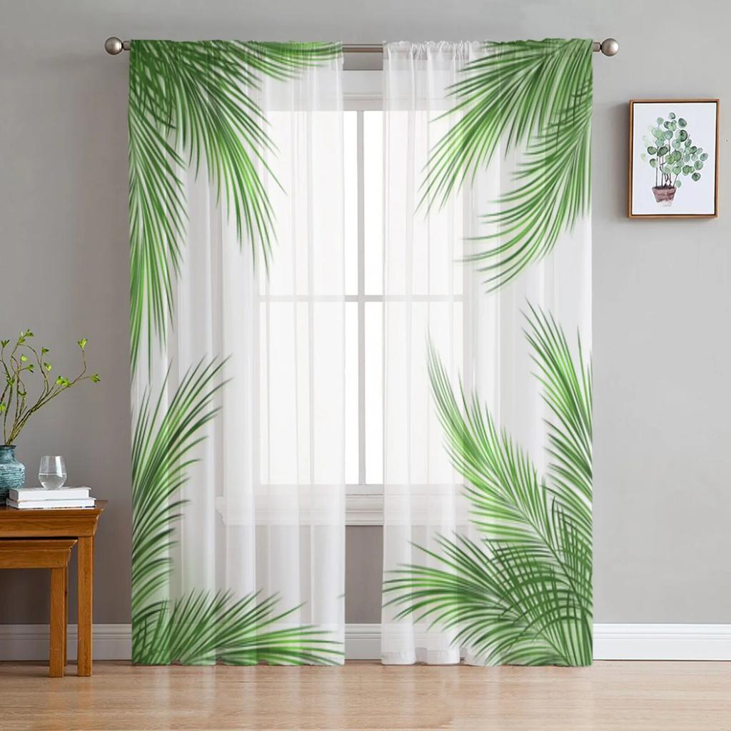 Tropical Green Plant Leaves Sheer Curtains For Living Room Bedroom Tulle Curtains Kitchen Window Treatments Panel Drapes