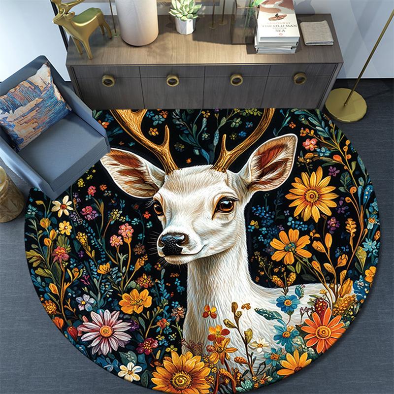 Deer Floral Round Area Rug,Carpet Rug for Living Room Bedroom Sofa Playroom Decor,Non-slip Floor Mat