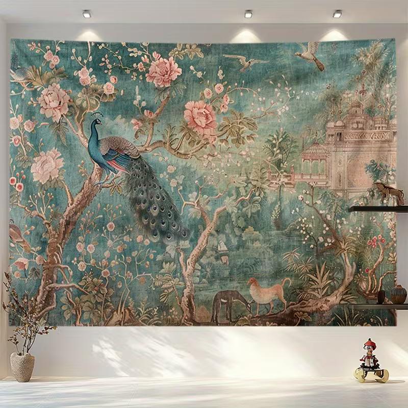 2D Antique Peacock Floral Tapestry Aesthetic Home Background Cloth