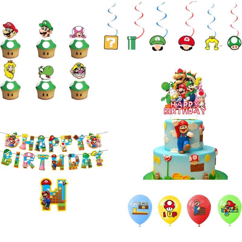 Mario Theme Party Decorations Set Flags, Cake Toppers, Balloons, And Spirals For An Amazing Party Atmosphere!