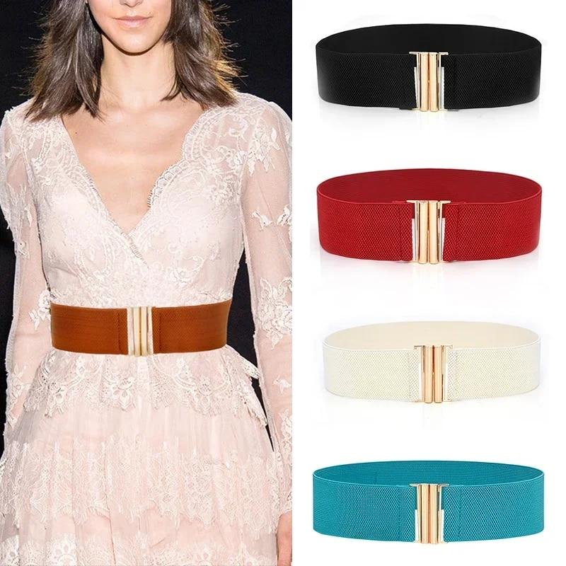 

Width 6cm Elastic Belt Solid Color Corset Belt Metal Buckle Lady Cummerbands Stretch Cinch Waistband Women Waist Belt