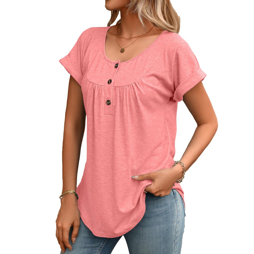 European Style Summer Solid Color Round Neck Button Loose Fit Short Sleeve T-Shirt Women